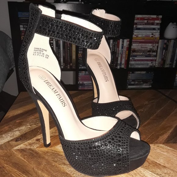 SOLD DREAM PAIRS Black Pearl Shine Swan Platform Pump Peep Toe High Heels - 5 in - Picture 6 of 16